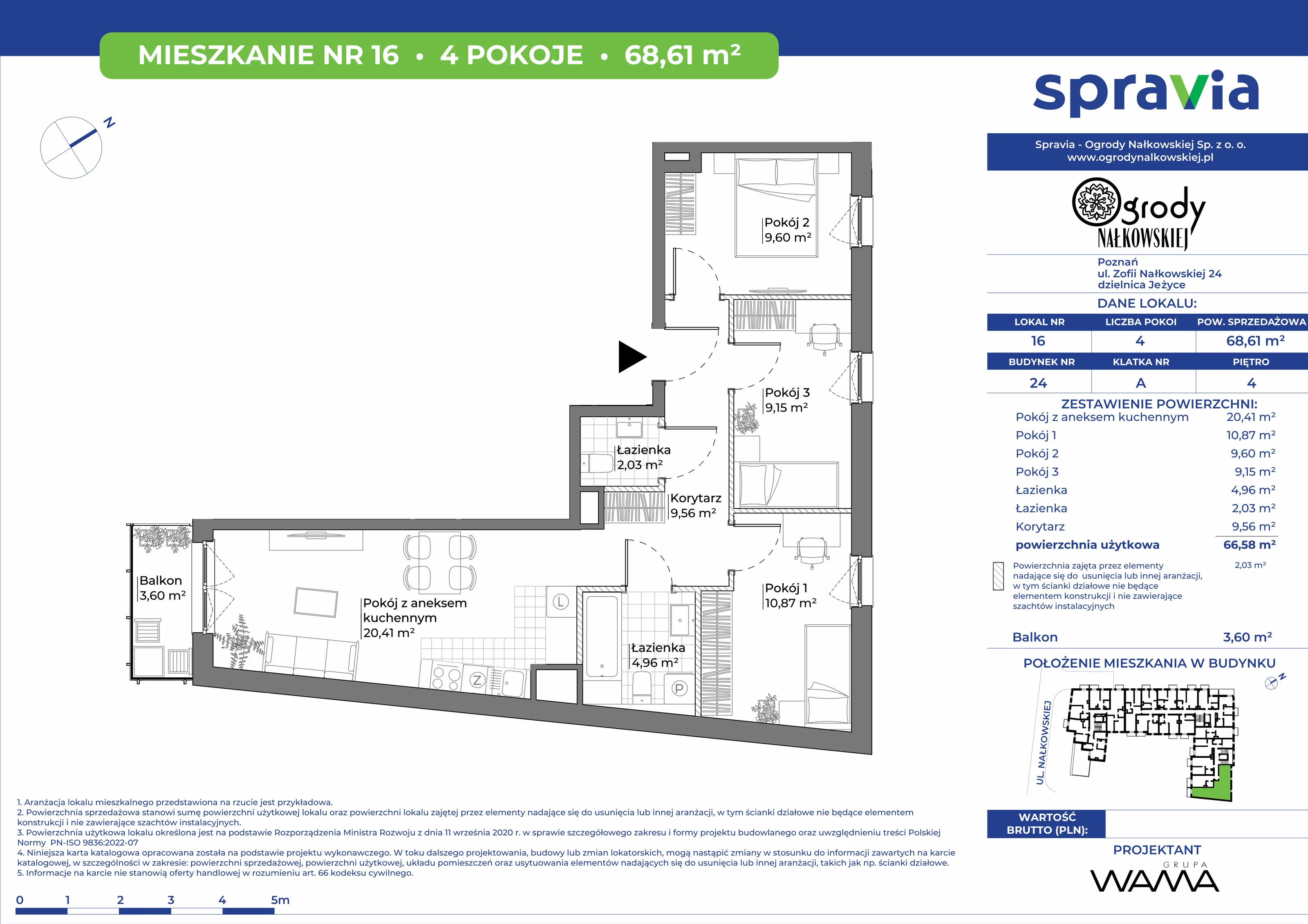 4 pokoje, mieszkanie 68,61 m², piętro 4, oferta nr 24-16, Ogrody Nałkowskiej, Poznań, Ogrody, ul. Nałkowskiej 24, 26